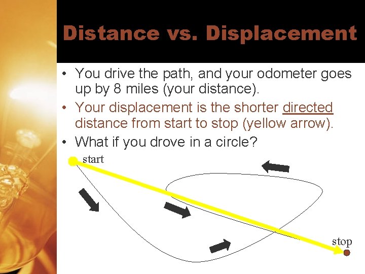 Distance vs. Displacement • You drive the path, and your odometer goes up by