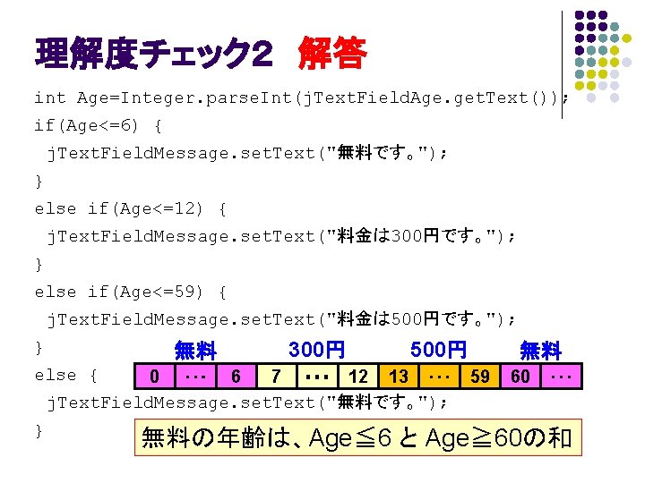 理解度チェック２ 解答 int Age=Integer. parse. Int(j. Text. Field. Age. get. Text()); if(Age<=6) { j.