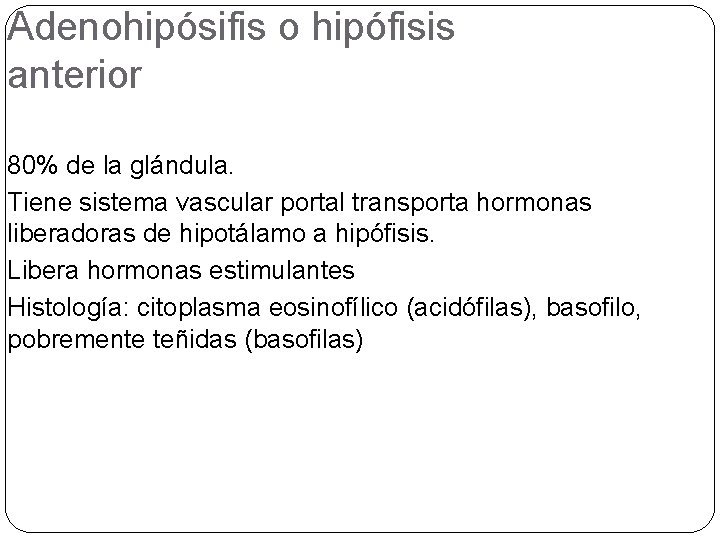 Adenohipósifis o hipófisis anterior 80% de la glándula. Tiene sistema vascular portal transporta hormonas