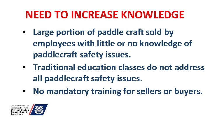 NEED TO INCREASE KNOWLEDGE • Large portion of paddle craft sold by employees with