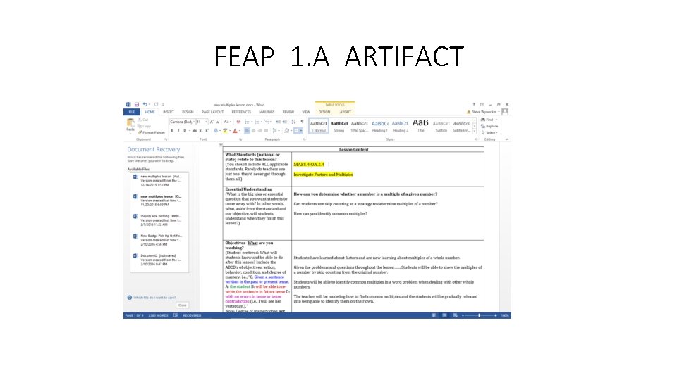 FEAP 1. A ARTIFACT 