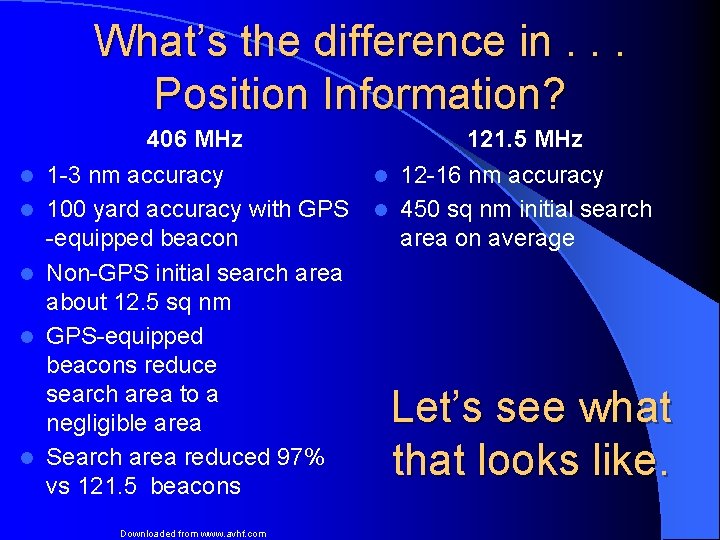 What’s the difference in. . . Position Information? 406 MHz l l l 1 What’s the difference in. . . Position Information? 406 MHz l l l 1