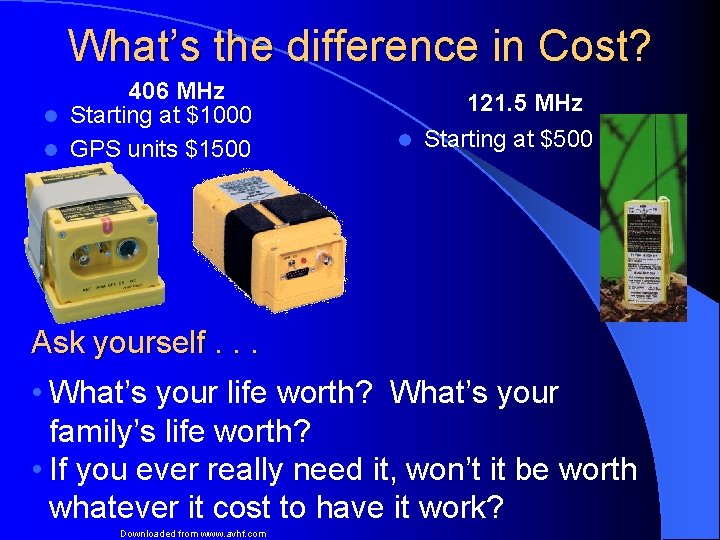 What’s the difference in Cost? 406 MHz l Starting at $1000 l GPS units