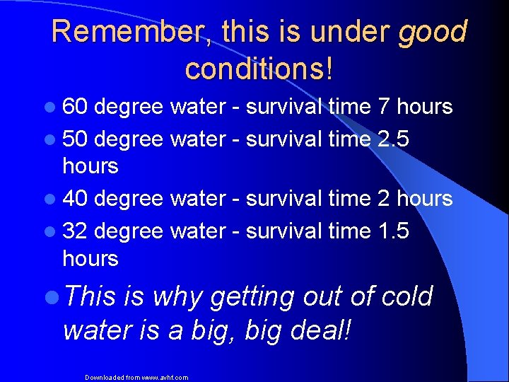 Remember, this is under good conditions! l 60 degree water - survival time 7