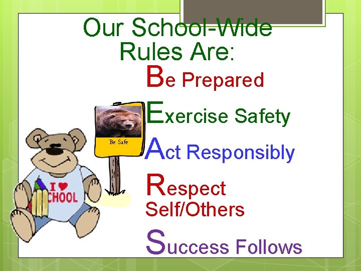 Our School-Wide Rules Are: Be Safe Be Prepared Exercise Safety Act Responsibly Respect Self/Others
