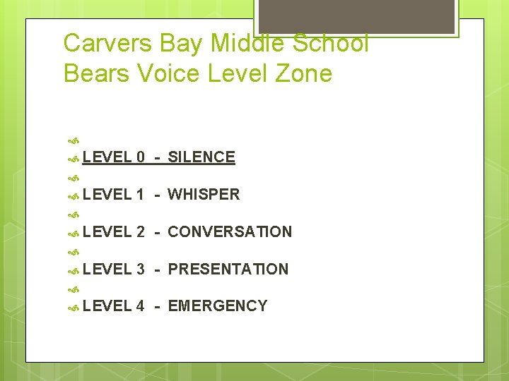 Carvers Bay Middle School Bears Voice Level Zone LEVEL 0 - SILENCE LEVEL 1