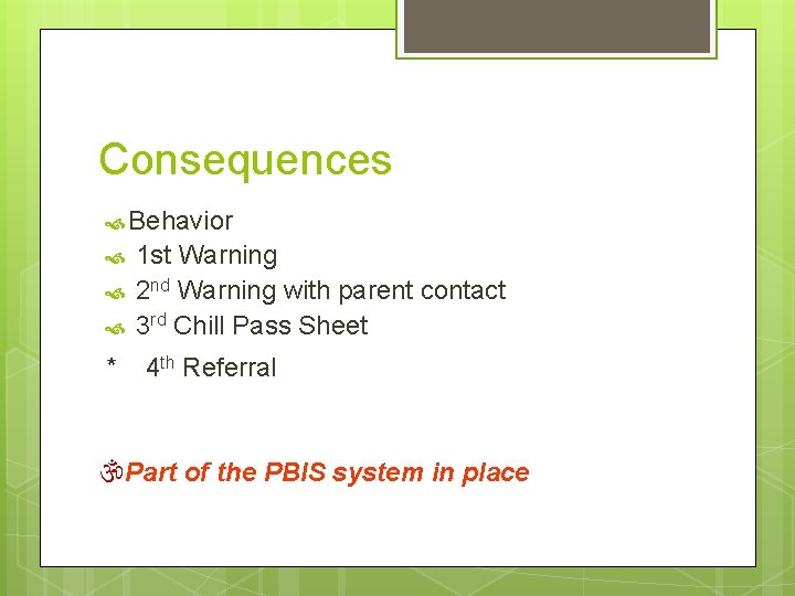 Consequences Behavior * 1 st Warning 2 nd Warning with parent contact 3 rd