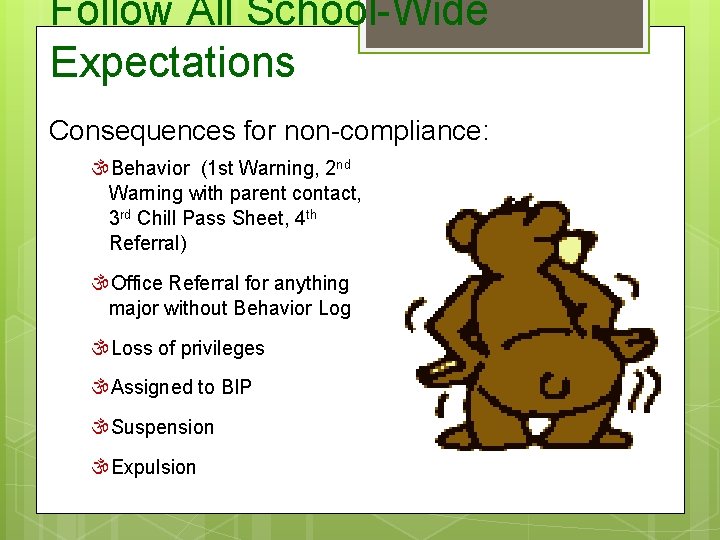 Follow All School-Wide Expectations Consequences for non-compliance: Behavior (1 st Warning, 2 nd Warning