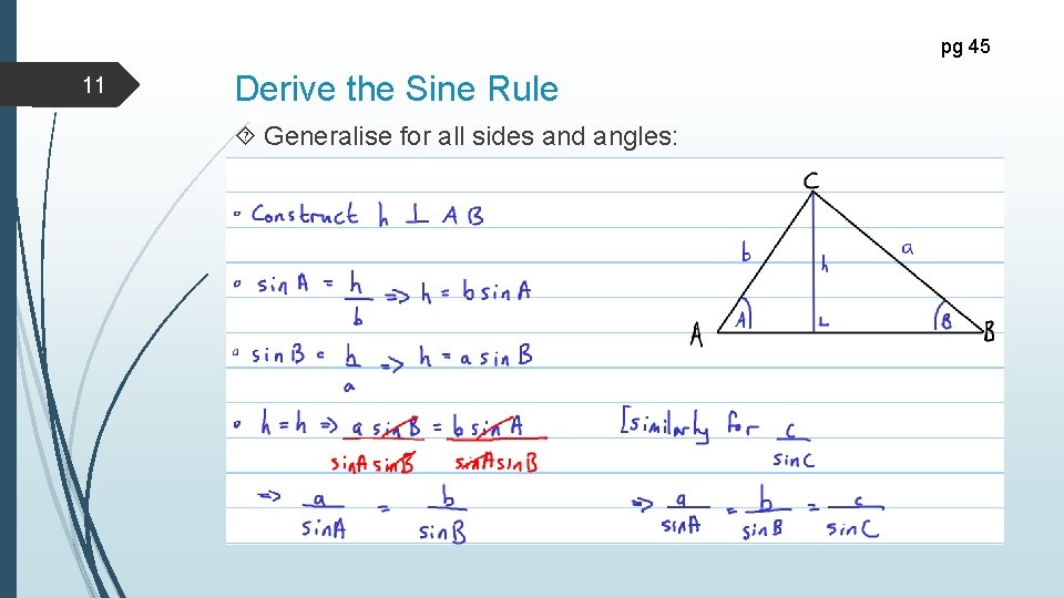 pg 45 11 Derive the Sine Rule Generalise for all sides and angles: 