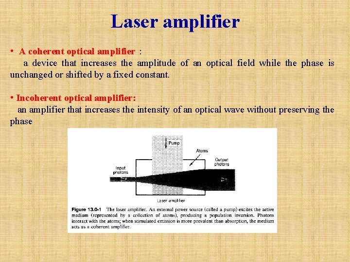 Laser amplifier • A coherent optical amplifier： a device that increases the amplitude of