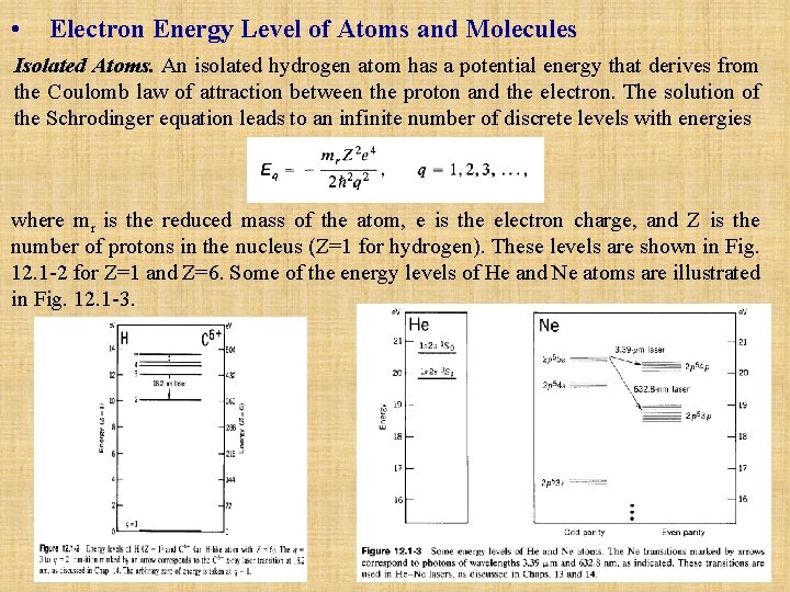  • Electron Energy Level of Atoms and Molecules Isolated Atoms. An isolated hydrogen