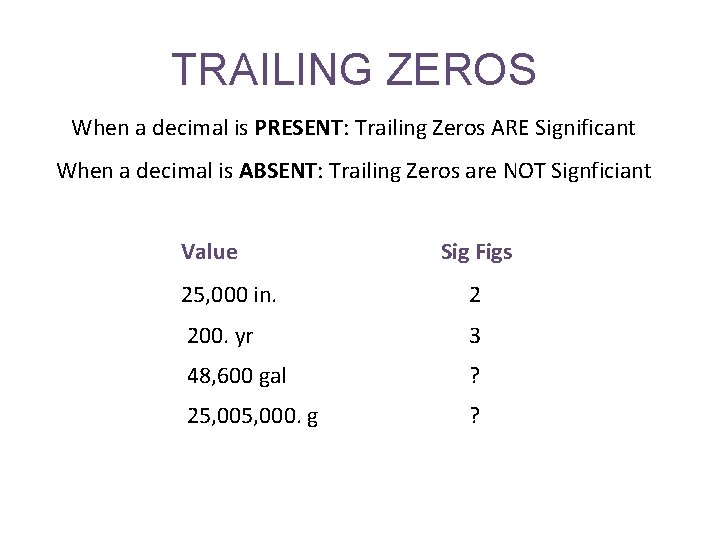 TRAILING ZEROS When a decimal is PRESENT: Trailing Zeros ARE Significant When a decimal