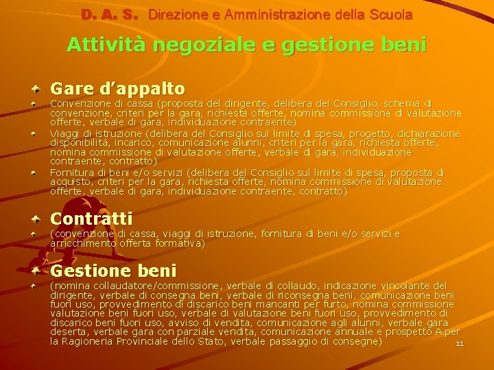 D. A. S. Direzione e Amministrazione della Scuola Attività negoziale e gestione beni Gare