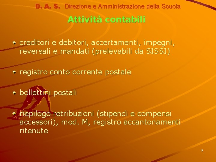 D. A. S. Direzione e Amministrazione della Scuola Attività contabili creditori e debitori, accertamenti,