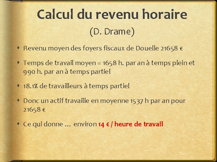 Calcul du revenu horaire (D. Drame) Revenu moyen des foyers fiscaux de Douelle 21658