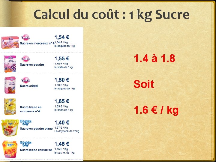Calcul du coût : 1 kg Sucre 1. 4 à 1. 8 Soit 1.
