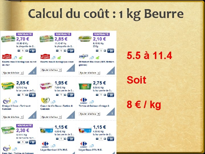 Calcul du coût : 1 kg Beurre 5. 5 à 11. 4 Soit 8