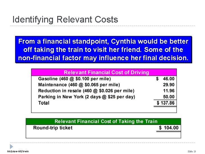 Identifying Relevant Costs From a financial standpoint, Cynthia would be better off taking the