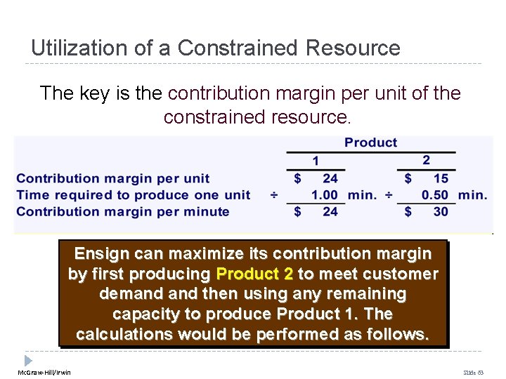 Utilization of a Constrained Resource The key is the contribution margin per unit of