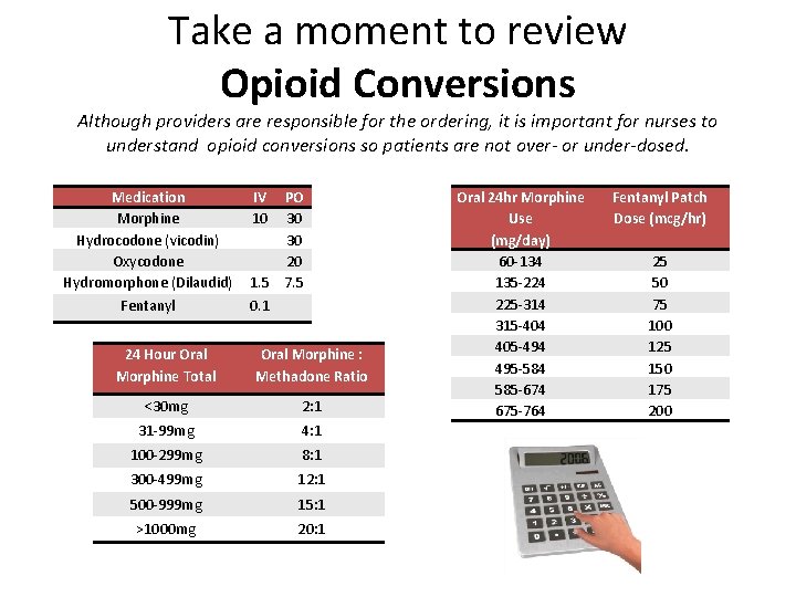 Take a moment to review Opioid Conversions Although providers are responsible for the ordering,
