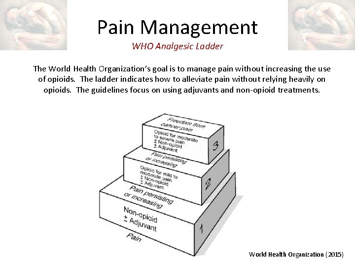 Pain Management WHO Analgesic Ladder The World Health Organization’s goal is to manage pain