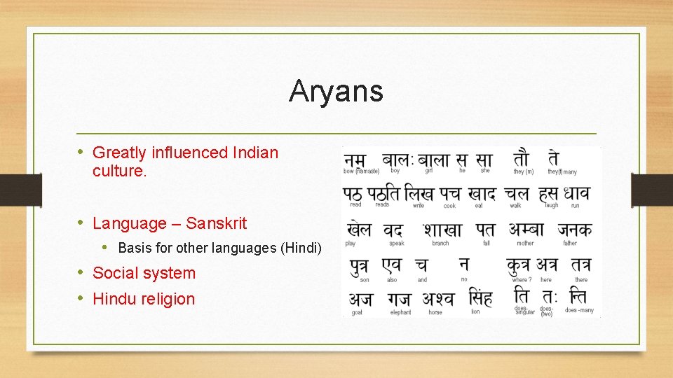Aryans • Greatly influenced Indian culture. • Language – Sanskrit • Basis for other