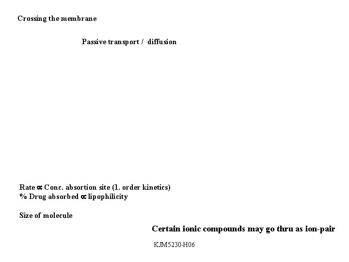 Crossing the membrane Passive transport / diffusion Rate Conc. absortion site (1. order kinetics)