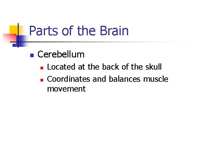 Parts of the Brain n Cerebellum n n Located at the back of the