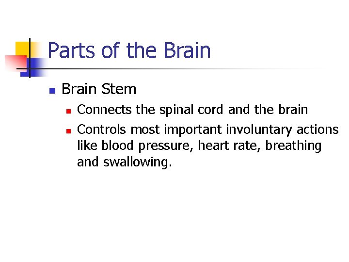 Parts of the Brain n Brain Stem n n Connects the spinal cord and
