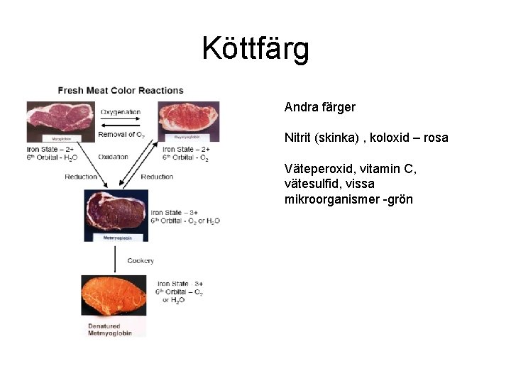 Köttfärg Andra färger Nitrit (skinka) , koloxid – rosa Väteperoxid, vitamin C, vätesulfid, vissa