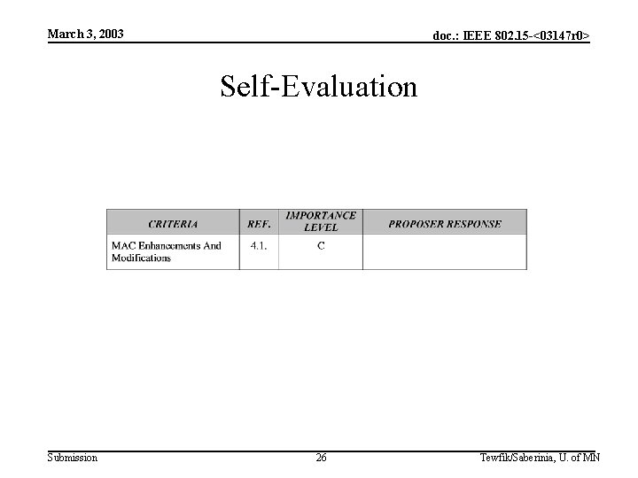 March 3, 2003 doc. : IEEE 802. 15 -<03147 r 0> Self-Evaluation Submission 26