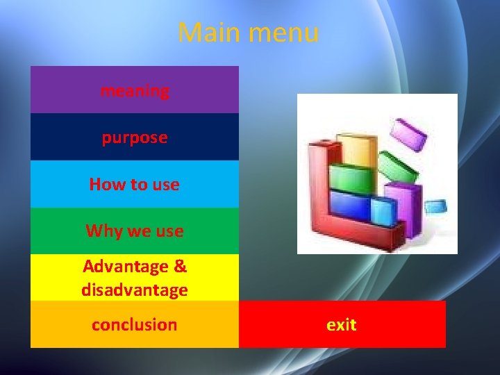 Main menu meaning purpose How to use Why we use Advantage & disadvantage conclusion