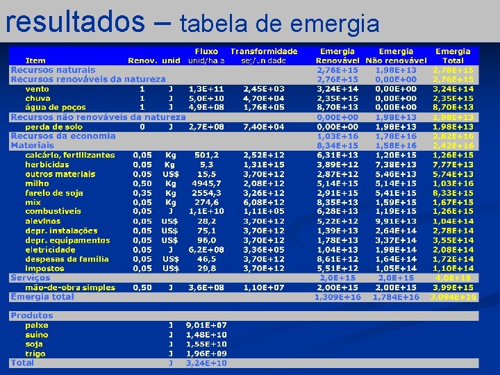 resultados – tabela de emergia 