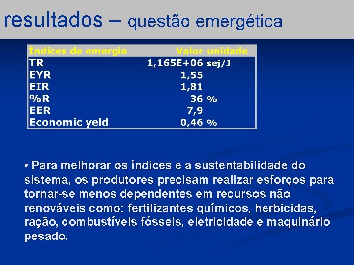 resultados – questão emergética • Para melhorar os índices e a sustentabilidade do sistema,