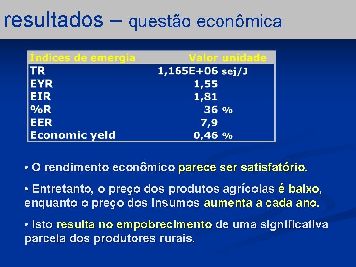 resultados – questão econômica • O rendimento econômico parece ser satisfatório. • Entretanto, o