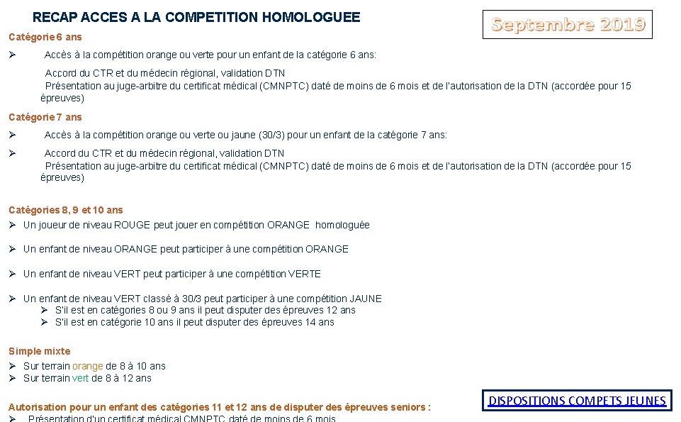 RECAP ACCES A LA COMPETITION HOMOLOGUEE Catégorie 6 ans Accès à la compétition orange