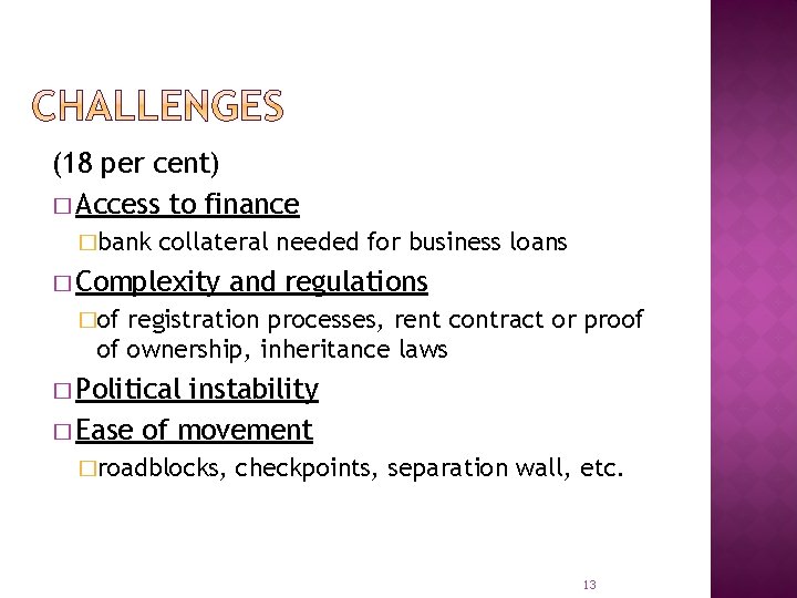 (18 per cent) � Access to finance �bank collateral needed for business loans �