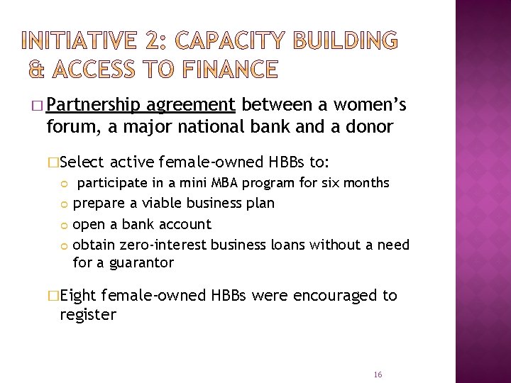 � Partnership agreement between a women’s forum, a major national bank and a donor