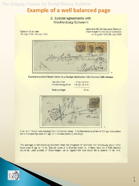 The Judging Criteria for Postal History Exhibits Example of a well balanced page 1