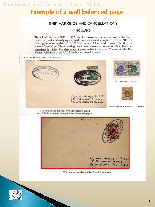 The Judging Criteria for Postal History Exhibits Example of a well balanced page 1