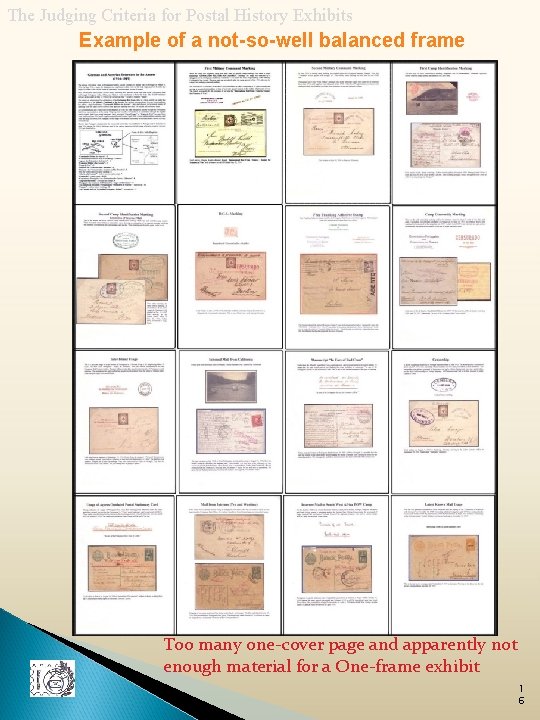 The Judging Criteria for Postal History Exhibits Example of a not-so-well balanced frame Too