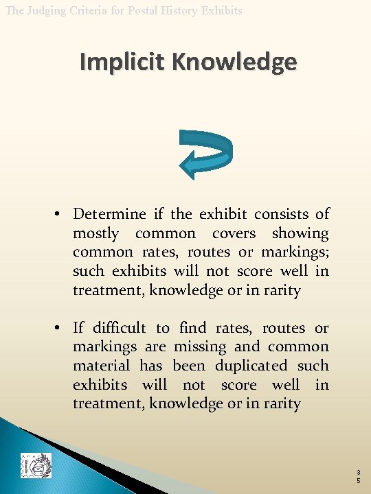 The Judging Criteria for Postal History Exhibits Implicit Knowledge • Determine if the exhibit