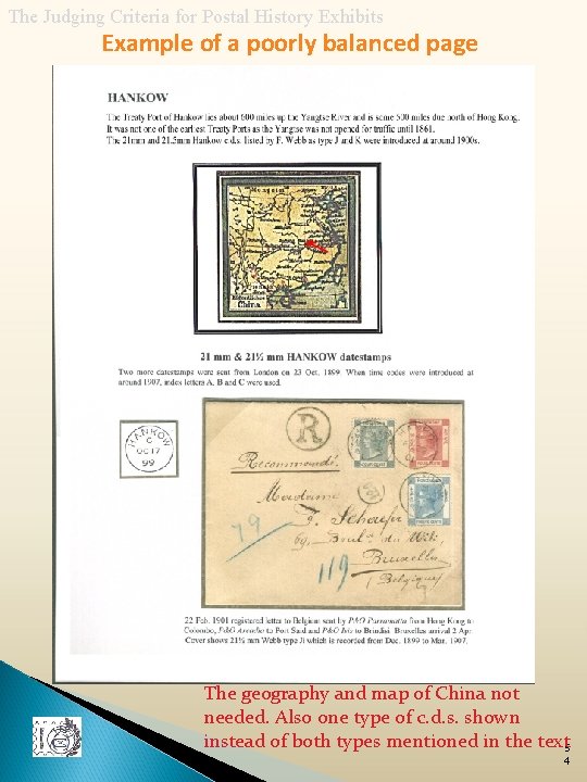 The Judging Criteria for Postal History Exhibits Example of a poorly balanced page The