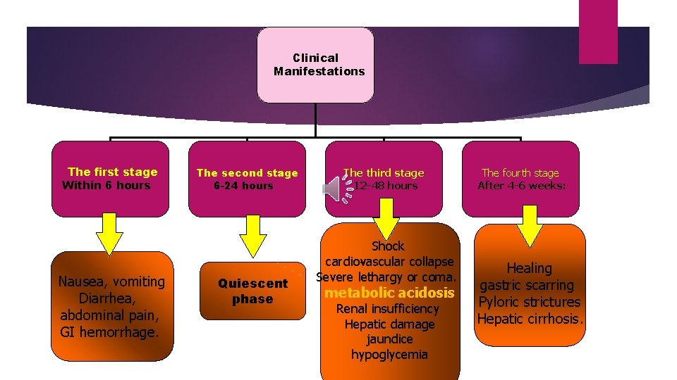 Clinical Manifestations The first stage Within 6 hours Nausea, vomiting Diarrhea, abdominal pain, GI Clinical Manifestations The first stage Within 6 hours Nausea, vomiting Diarrhea, abdominal pain, GI