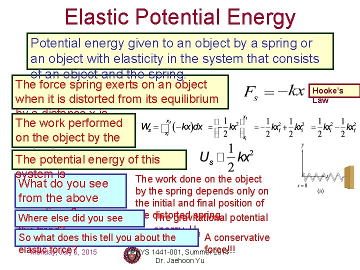 Elastic Potential Energy Potential energy given to an object by a spring or an