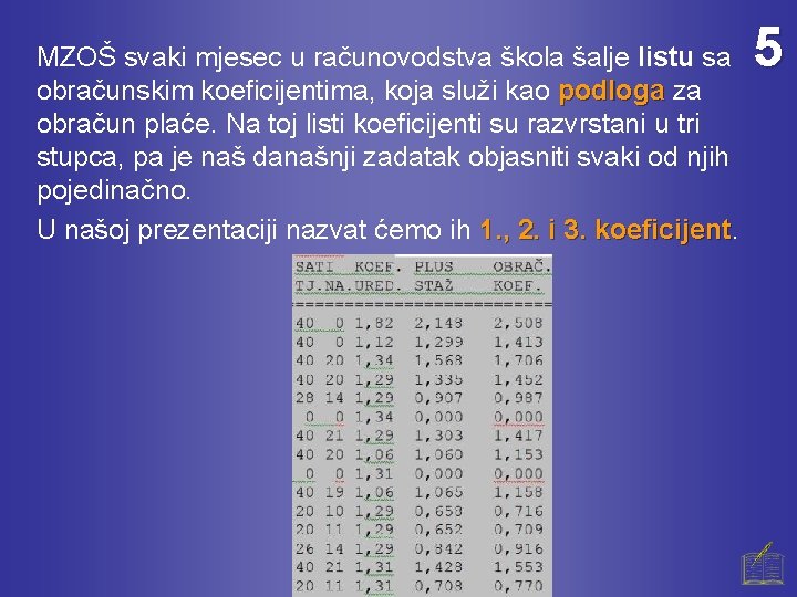 MZOŠ svaki mjesec u računovodstva škola šalje listu sa obračunskim koeficijentima, koja služi kao