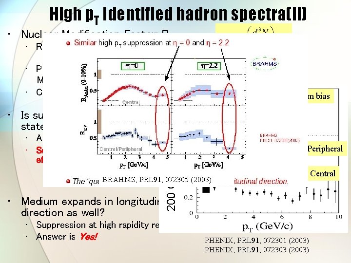 High p. T Identified hadron spectra(II) • Nuclear Modification Factor: RAA • Ratio of