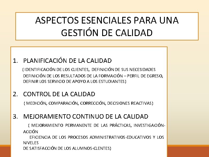 ASPECTOS ESENCIALES PARA UNA GESTIÓN DE CALIDAD 1. PLANIFICACIÓN DE LA CALIDAD ( IDENTIFICACIÓN