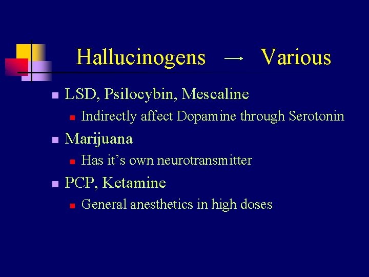 Hallucinogens n LSD, Psilocybin, Mescaline n n Indirectly affect Dopamine through Serotonin Marijuana n
