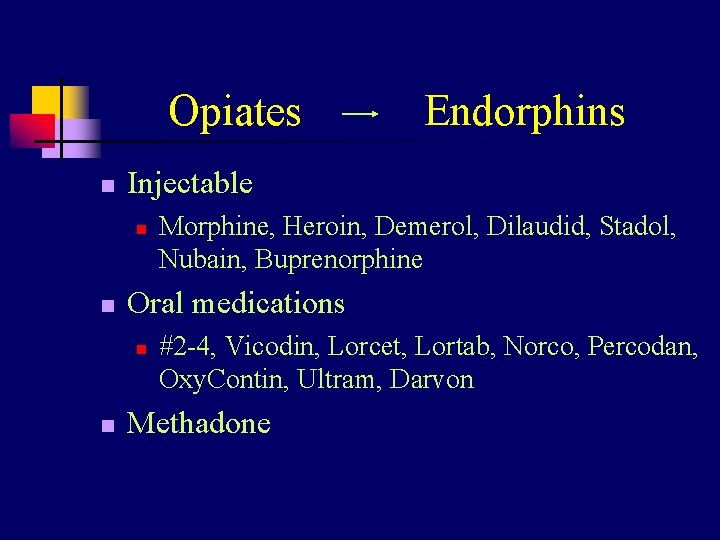 Opiates n Injectable n n Morphine, Heroin, Demerol, Dilaudid, Stadol, Nubain, Buprenorphine Oral medications